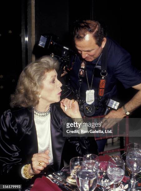 Actress Lauren Bacall and photographer Ron Galella attend Schweitzer Awards Gala on April 21, 1987 at Avery Fisher Hall at Lincoln Center in New York...