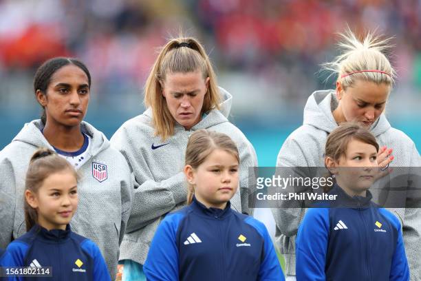 Naomi Girma, Alyssa Naeher and Lindsey Horan of USA line up for the national anthem prior to the FIFA Women's World Cup Australia & New Zealand 2023...