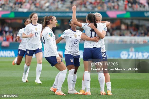 Sophia Smith of the United States celebrates scoring with teammates including Lindsey Horan and Alex Morgan during the first half of the FIFA Women's...