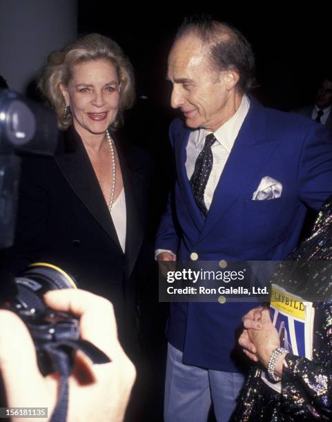 Actress Lauren Bacall and Sid Caesar attend the opening party for 'Laughter on the 23rd Floor' on November 22, 1993 at the Marriott Marquis Hotel in...
