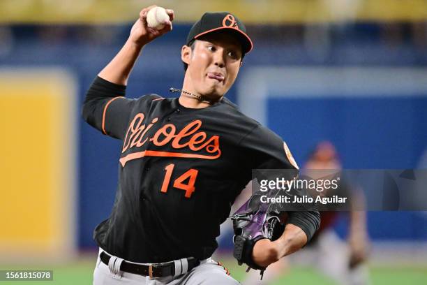Shintaro Fujinami of the Baltimore Orioles delivers a pitch to the Tampa Bay Rays in the seventh inning at Tropicana Field on July 21, 2023 in St...
