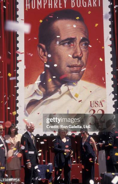 Leslie Bogart, Stephen Bogart and actress Lauren Bacall attend Humphrey Bogart Stamp Unveiling Ceremony on July 31, 1997 at Mann Chinese Theater in...