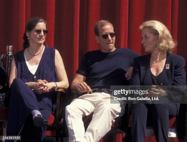 Leslie Bogart, Stephen Bogart and actress Lauren Bacall attend Humphrey Bogart Stamp Unveiling Ceremony on July 31, 1997 at Mann Chinese Theater in...