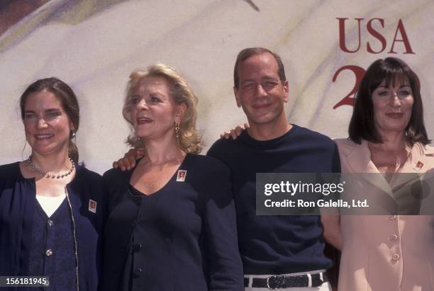 Leslie Bogart, Stephen Bogart and actresses Lauren Bacall and Anjelica Huston attend Humphrey Bogart Stamp Unveiling Ceremony on July 31, 1997 at...