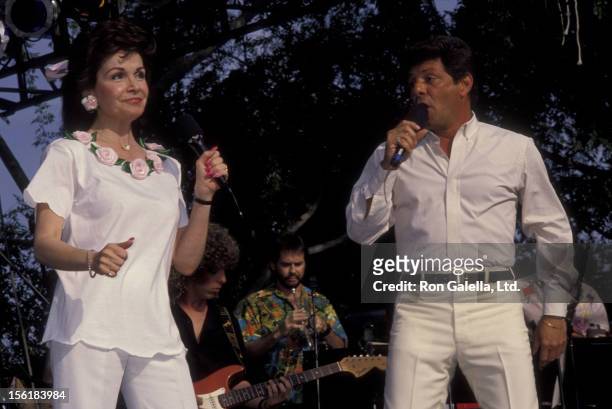 Actress Annette Funicello and Frankie Avalon attend Frankie Avalon Tour Kick-Off Concert on April 13, 1990 at Knott's Berry Farm in Buena, California.