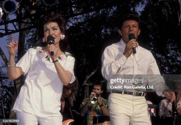 Actress Annette Funicello and Frankie Avalon attend Frankie Avalon Tour Kick-Off Concert on April 13, 1990 at Knott's Berry Farm in Buena, California.