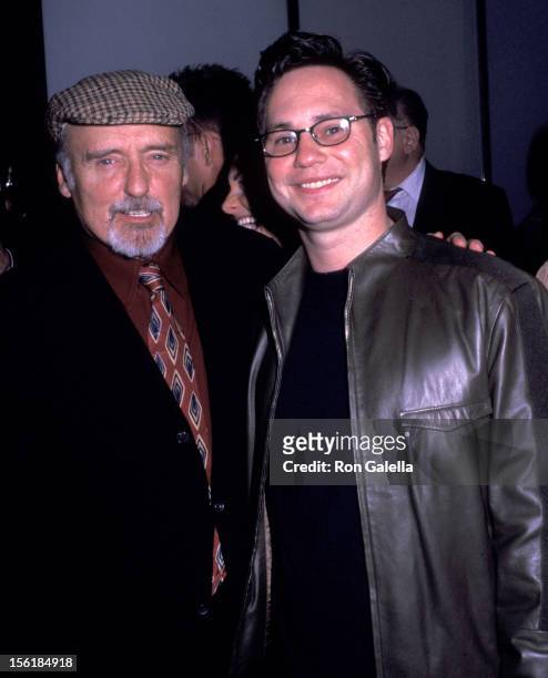 Actor Dennis Hopper and Jason Binn attend the book party for 'The Photographs Of Ron Galella' Hosted by Gucci and Tom Ford on March 20, 2002 in...