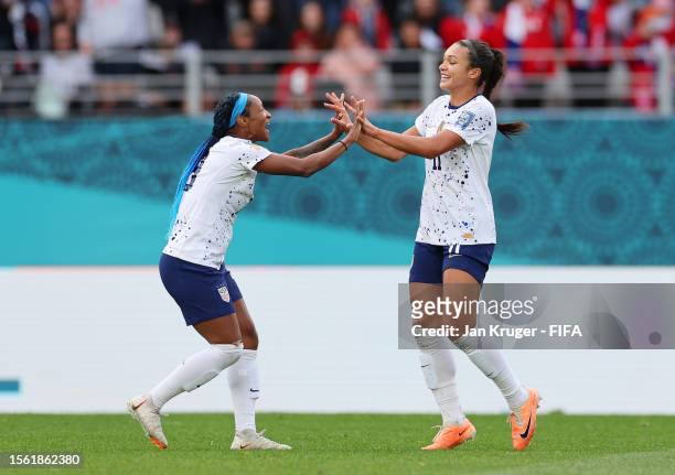 Sophia Smith of USA celebrates with teammate Crystal Dunn (after scoring her team's second goal during the FIFA Women's World Cup Australia & New...