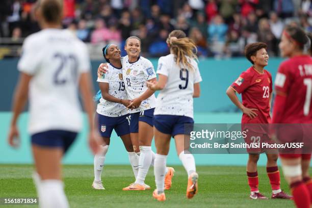 Sophia Smith of the United States celebrates scoring with Crystal Dunn and Savannah DeMelo during the first half of the FIFA Women's World Cup...