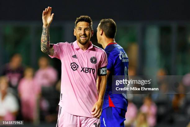 Lionel Messi of Inter Miami CF reacts during the second half of the Leagues Cup 2023 match between Cruz Azul and Inter Miami CF at DRV PNK Stadium on...