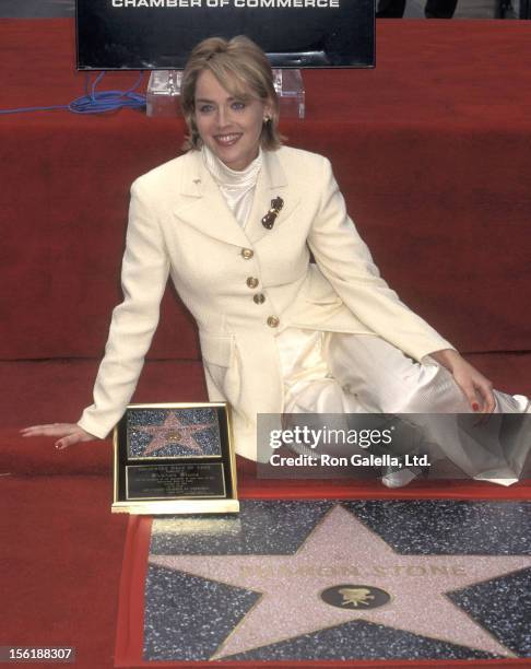 Actress Sharon Stone receives a Hollywood Walk of Fame Star on November 16, 1995 at 6925 Hollywood Boulevard in Hollywood, California.