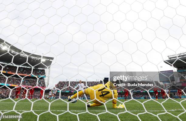 Tran Thi Kim Thanh of Vietnam saves the penalty taken by Alex Morgan of USA during the FIFA Women's World Cup Australia & New Zealand 2023 Group E...