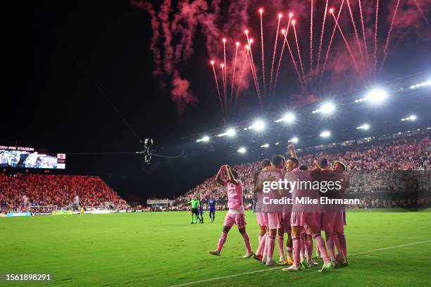 Lionel Messi of Inter Miami CF celebrates with teammates after kicking the game winning goal during the second half of the Leagues Cup 2023 match...