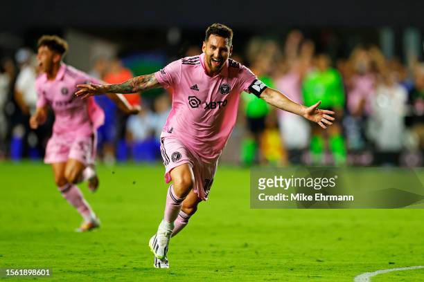 Lionel Messi of Inter Miami CF celebrates after kicking the game winning goal during the second half of the Leagues Cup 2023 match between Cruz Azul...