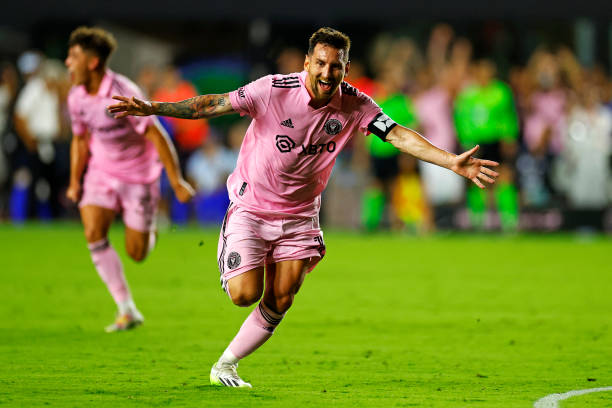 Lionel Messi of Inter Miami CF celebrates after kicking the game winning goal during the second half of the Leagues Cup 2023 match between Cruz Azul...