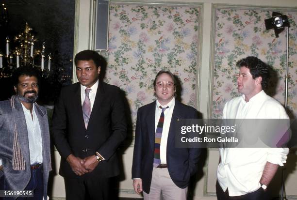 Actor Ted Lange, athlete Muhammad Ali, musician Stephen Stills and actor John Travolta attend the Children's Peace Foundation Press Conference to...