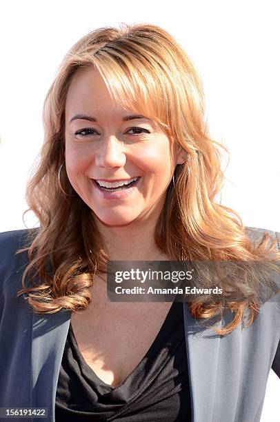 Actress Megyn Price arrives at the 14th Anniversary of the P.S. Arts Express Yourself Gala at Barker Hangar on November 11, 2012 in Santa Monica,...