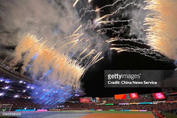 Fireworks explode during the opening ceremony prior to the FIFA Women's World Cup Australia & New Zealand 2023 Group A match between New Zealand and...