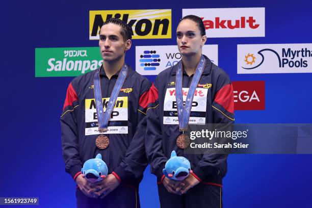 Bronze medallists Mireia Hernandez Luna and Dennis Gonzalez Boneu of Team Spain pose during the medal ceremony for the Artistic Swimming Mixed Duet...