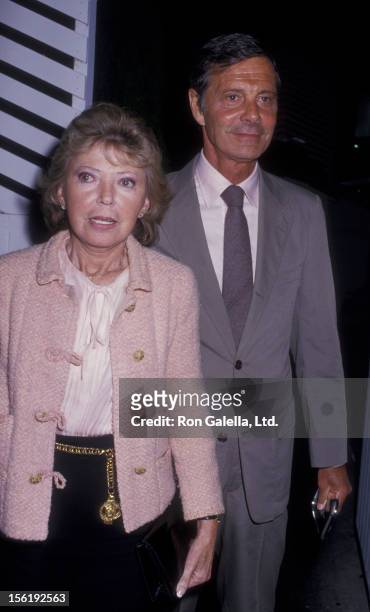 Actor Louis Jourdan and wife Berthe Jourdan sighted on May 26, 1987 at Spago Restaurant in West Hollywood, California.