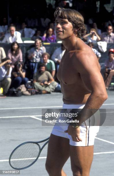 Arnold Schwarzenegger attends Sixth Annual Robert F. Kennedy Celebrity Tennis Tournament on August 27, 1977 at Forest Hills Stadium in New York City.