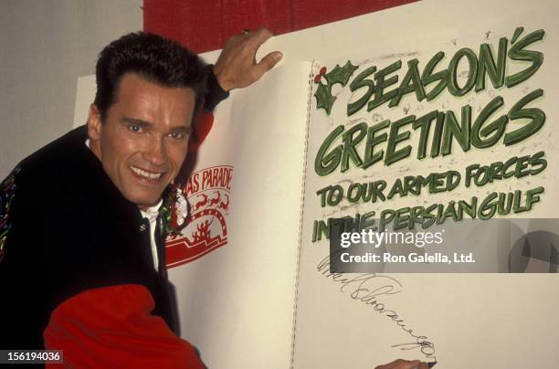 Arnold Schwarzenegger attends 59th Annual Hollywood Christmas Parade on November 25, 1990 in Hollywood, California.