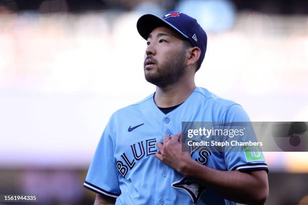 Yusei Kikuchi of the Toronto Blue Jays reacts during the first inning against the Seattle Mariners at T-Mobile Park on July 21, 2023 in Seattle,...
