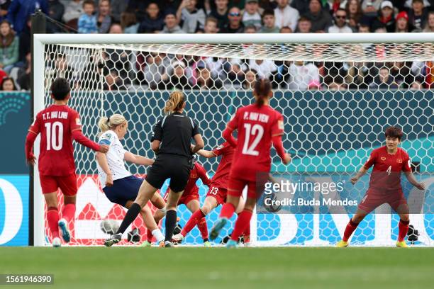 Lindsey Horan of USA scores her team's third goal during the FIFA Women's World Cup Australia & New Zealand 2023 Group E match between USA and...