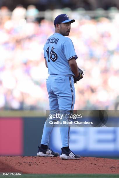 Yusei Kikuchi of the Toronto Blue Jays pitches during the first inning against the Seattle Mariners at T-Mobile Park on July 21, 2023 in Seattle,...