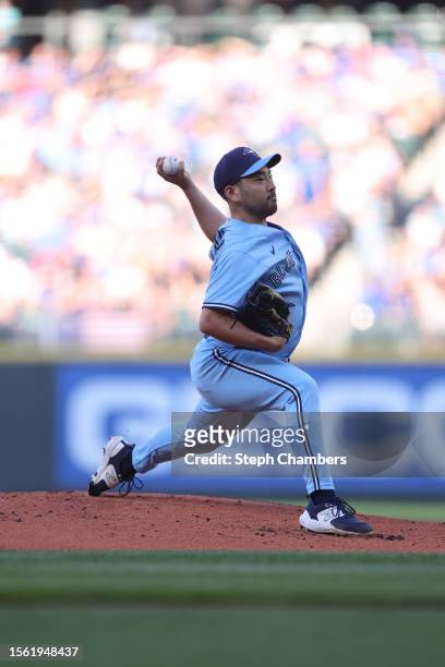 Yusei Kikuchi of the Toronto Blue Jays pitches during the first inning against the Seattle Mariners at T-Mobile Park on July 21, 2023 in Seattle,...