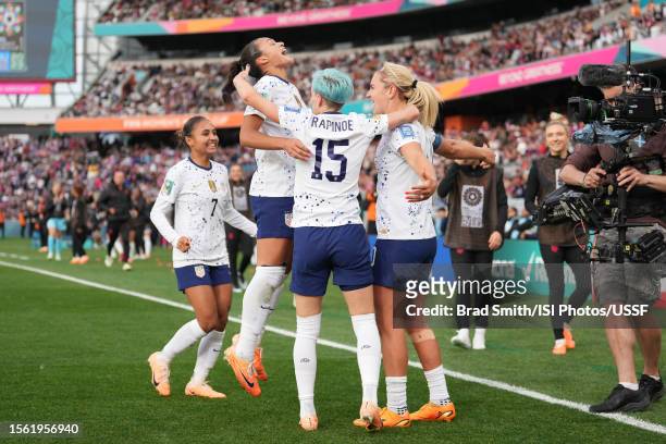 Lindsey Horan of the United States celebrates scoring with Sophia Smith and Megan Rapinoe during the second half of the FIFA Women's World Cup...