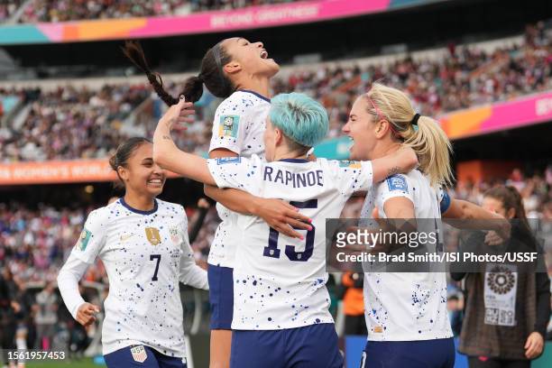 Lindsey Horan of the United States celebrates scoring with Sophia Smith and Megan Rapinoe during the second half of the FIFA Women's World Cup...