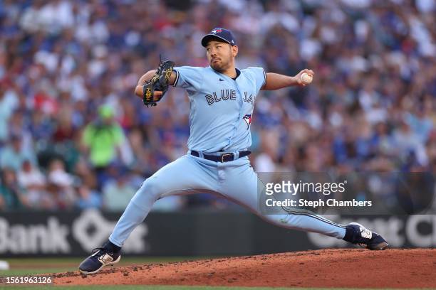 Yusei Kikuchi of the Toronto Blue Jays pitches during the second inning against the Seattle Mariners at T-Mobile Park on July 21, 2023 in Seattle,...