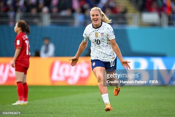 Lindsey Horan of USA celebrates after scoring her team's third goal during the FIFA Women's World Cup Australia & New Zealand 2023 Group E match...