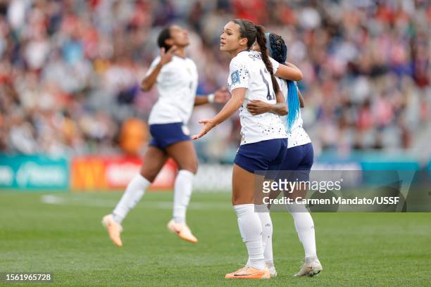 Sophia Smith of the United States celebrates scoring with Crystal Dunn during the first half of the FIFA Women's World Cup Australia & New Zealand...
