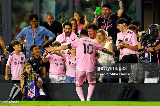 Lionel Messi of Inter Miami CF celebrates with his family during the Leagues Cup 2023 match between Cruz Azul and Inter Miami CF at DRV PNK Stadium...