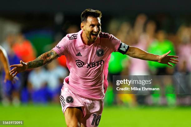 Lionel Messi of Inter Miami CF celebrates after kicking the game winning goal during the second half of the Leagues Cup 2023 match between Cruz Azul...