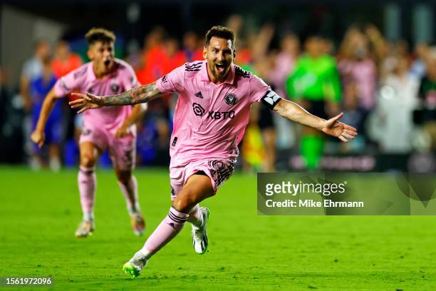 Lionel Messi of Inter Miami CF celebrates after kicking the game winning goal during the second half of the Leagues Cup 2023 match between Cruz Azul...