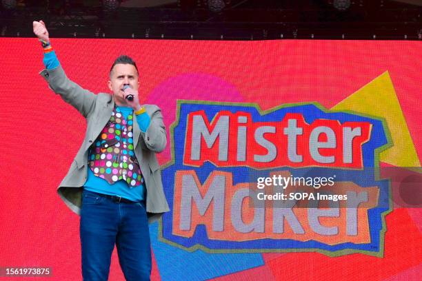 Phil Gallagher, British children's television presenter of the BBCs CBeebies aka Mister Maker performing live on stage with electronic music duo Utah...