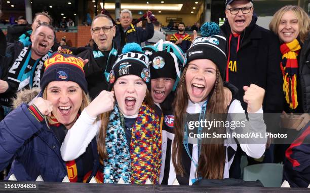 Fans during the 2023 AFL Round 20 match between the Adelaide Crows and the Port Adelaide Power at Adelaide Oval on July 29, 2023 in Adelaide,...