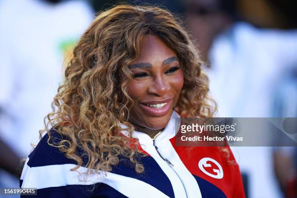Tennis player Serena Williams reac during the Leagues Cup 2023 match between Cruz Azul and Inter Miami CF at DRV PNK Stadium on July 21, 2023 in Fort...