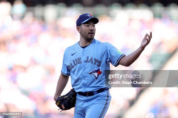 Yusei Kikuchi of the Toronto Blue Jays reacts during the first inning against the Seattle Mariners at T-Mobile Park on July 21, 2023 in Seattle,...