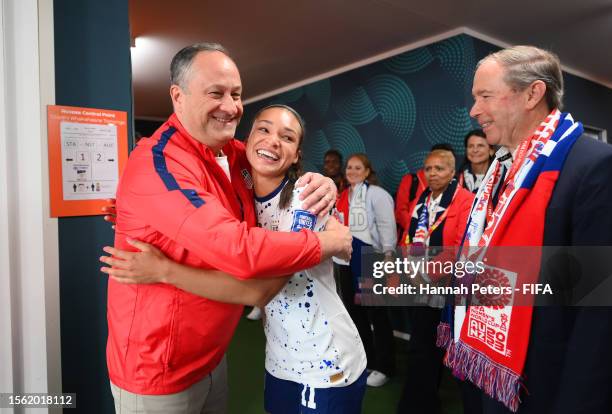 Douglas Emhoff , U.S. Second Gentleman and Thomas Udall , U.S. Ambassador to New Zealand congratulate Sophia Smith in the tunnel after the team's 3-0...