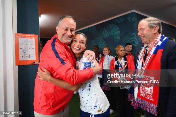 Douglas Emhoff , U.S. Second Gentleman and Thomas Udall , U.S. Ambassador to New Zealand congratulate Sophia Smith in the tunnel after the team's 3-0...