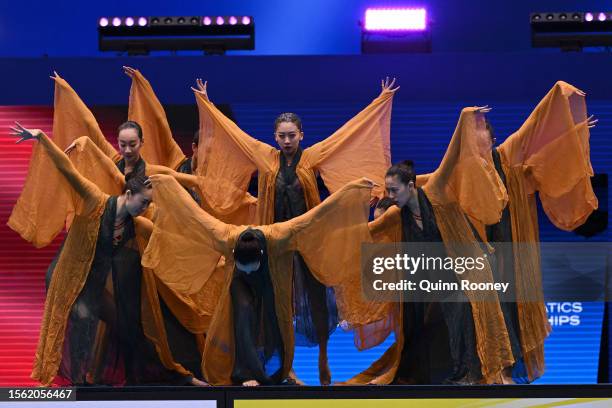 Members of Team China perform in the Artistic Swimming Gala Exhibition on day nine of the Fukuoka 2023 World Aquatics Championships at Marine Messe...