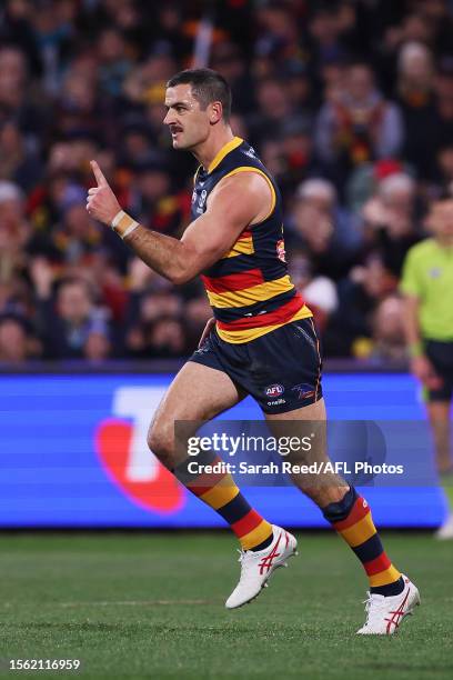 Taylor Walker of the Crows celebrates a goal during the 2023 AFL Round 20 match between the Adelaide Crows and the Port Adelaide Power at Adelaide...