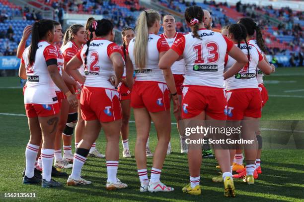 Dragons players react to a Newcastle try during the round one NRLW match between Newcastle Knights and St George Illawarra Dragons at McDonald Jones...