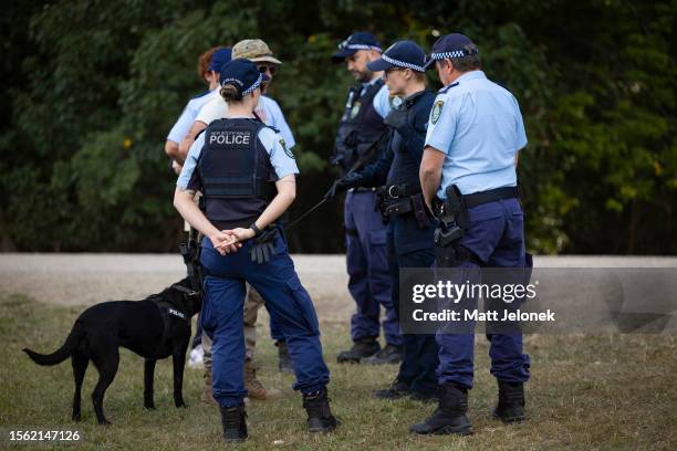 Police sniffer dog is seen on patrol during Splendour in the Grass 2023 on July 22, 2023 in Byron Bay, Australia.