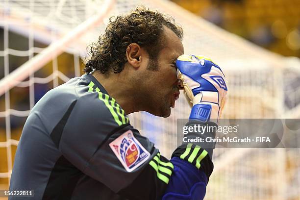 Goalkeeper Hema of Egypt reacts after letting a goal through against Italy during the FIFA Futsal World Cup, Round of 16 match between Italy and...