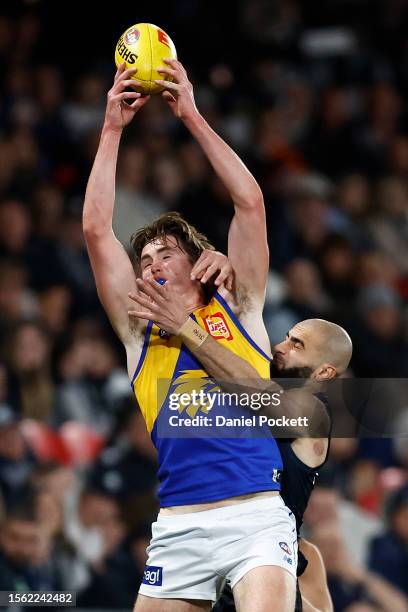 Jack Williams of the Eagles attempts to mark the ball against Adam Saad of the Blues during the round 19 AFL match between Carlton Blues and West...